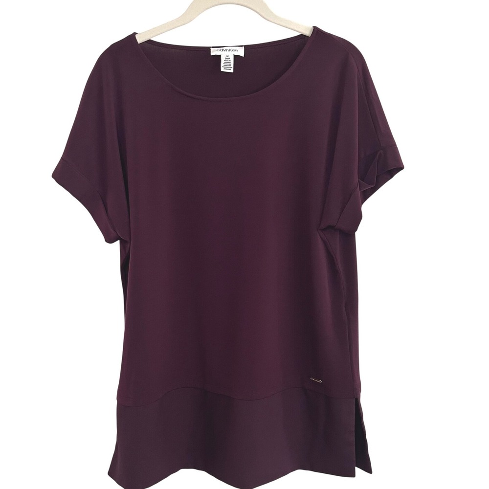 Calvin Klein Womens Plum Mixed Media Layered Hem Scoop Neck Short Sleeve Top S